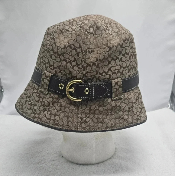 Coach Signature Logo Bucket Hat Brown Canvas Leather Trim Buckle Unisex Size S/P - Picture 2 of 7